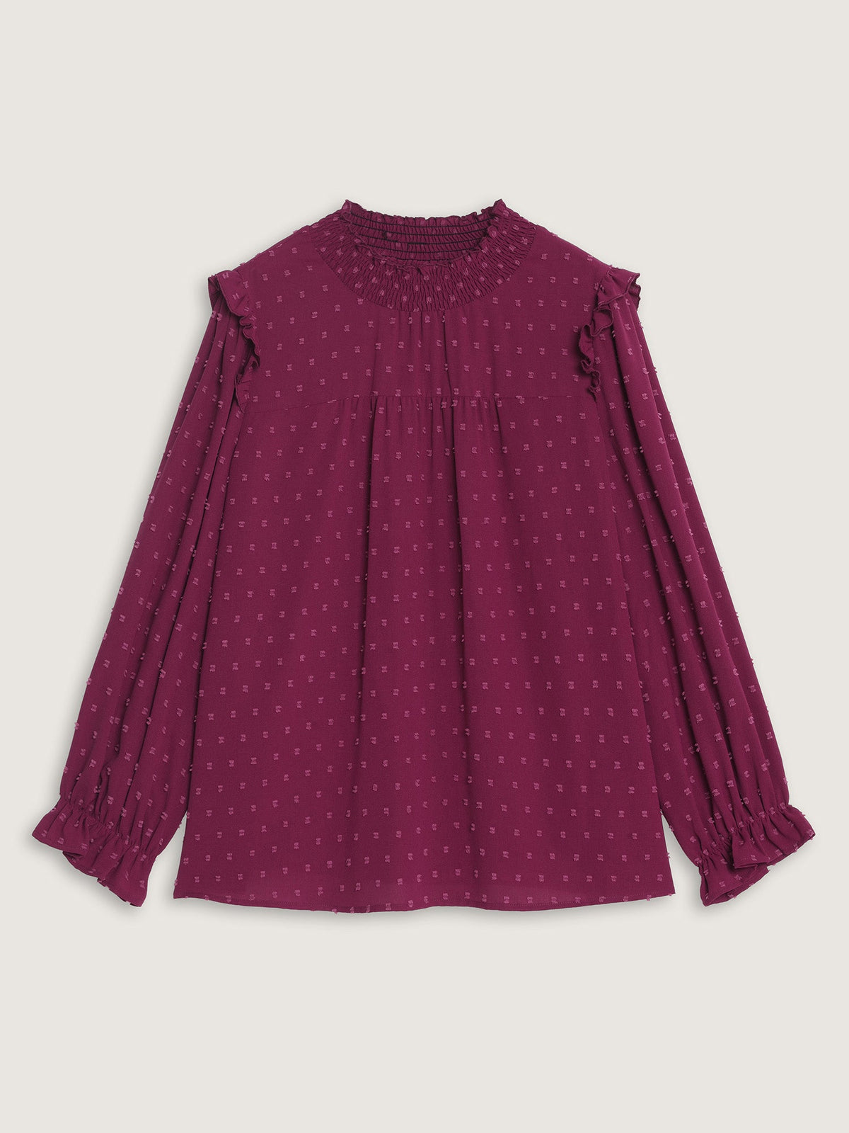 Textured Ruffle Shirred Mock Neck Blouse