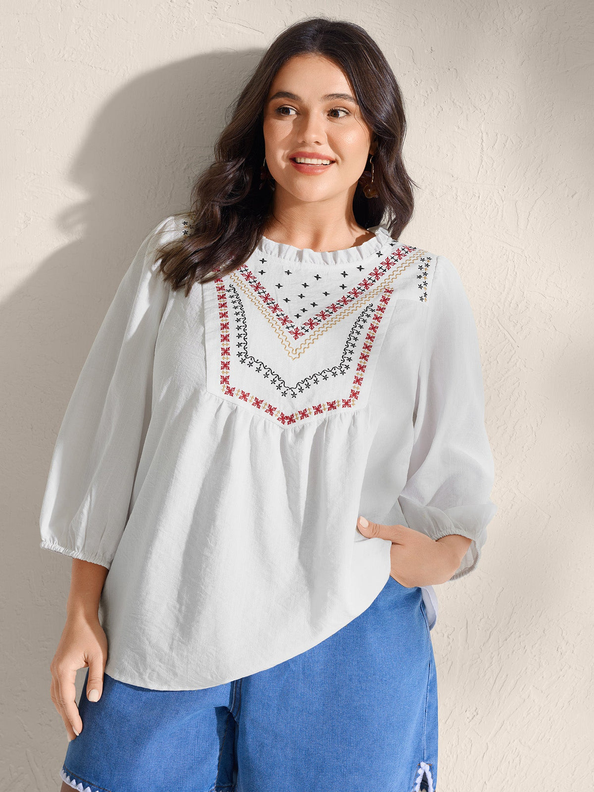 Boho Embroidered Neckline Ruffled Neck Blouse