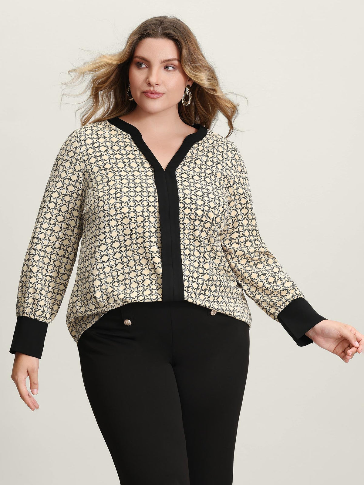 Geometric Print Color Contrast Blouse