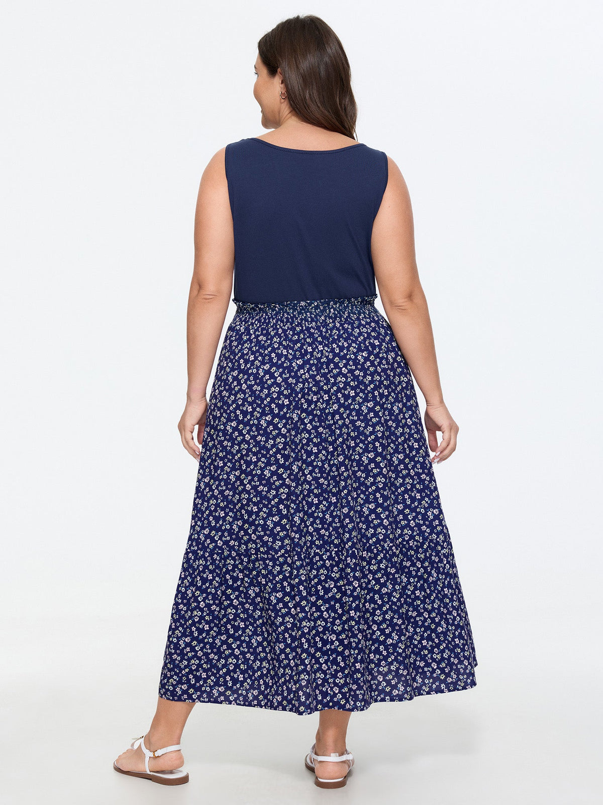 Supportive Bra Ditsy Floral Print Shirred Waist Midi Dress