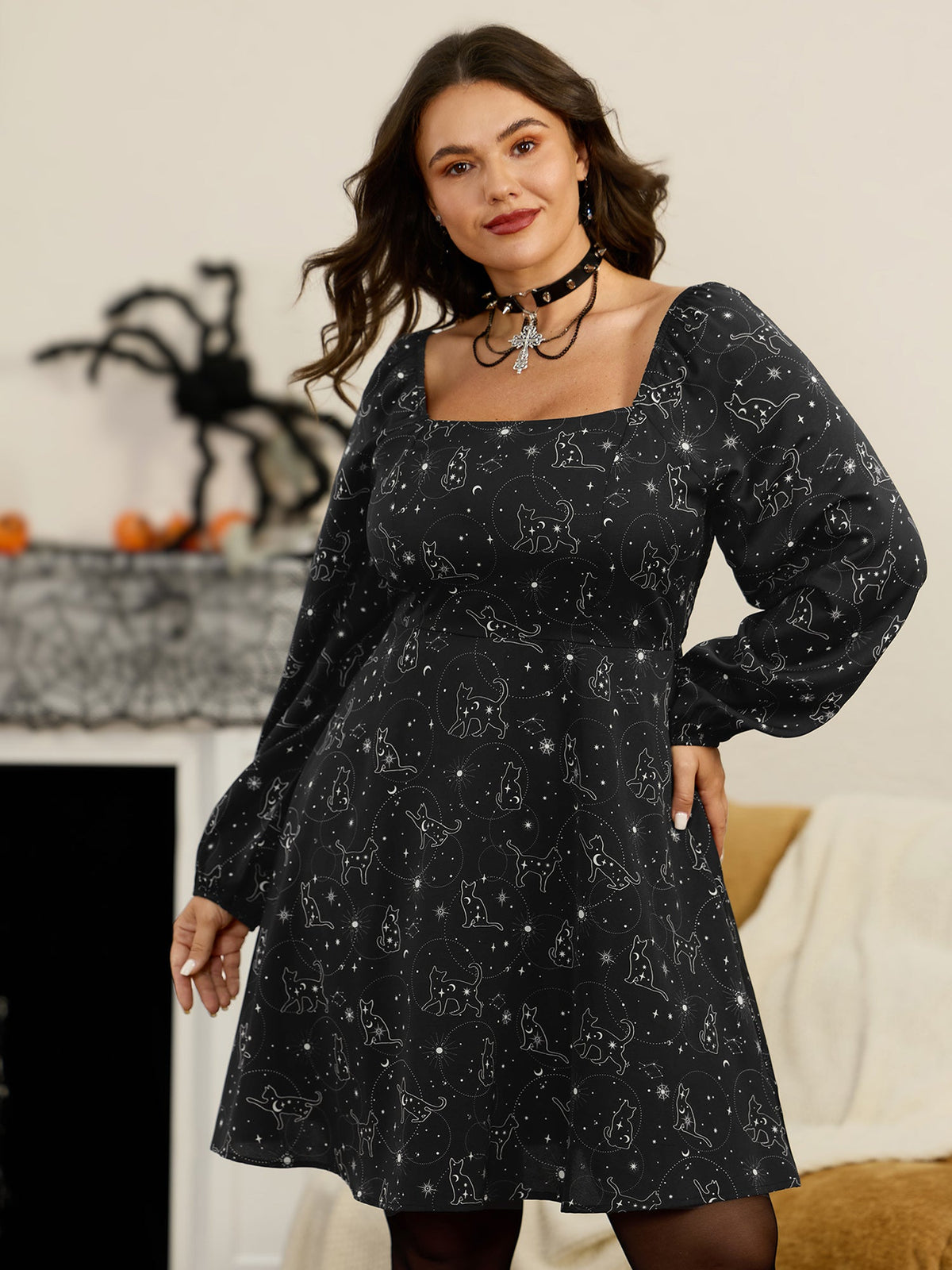Cat Moon Star Print Pocket Mini Dress