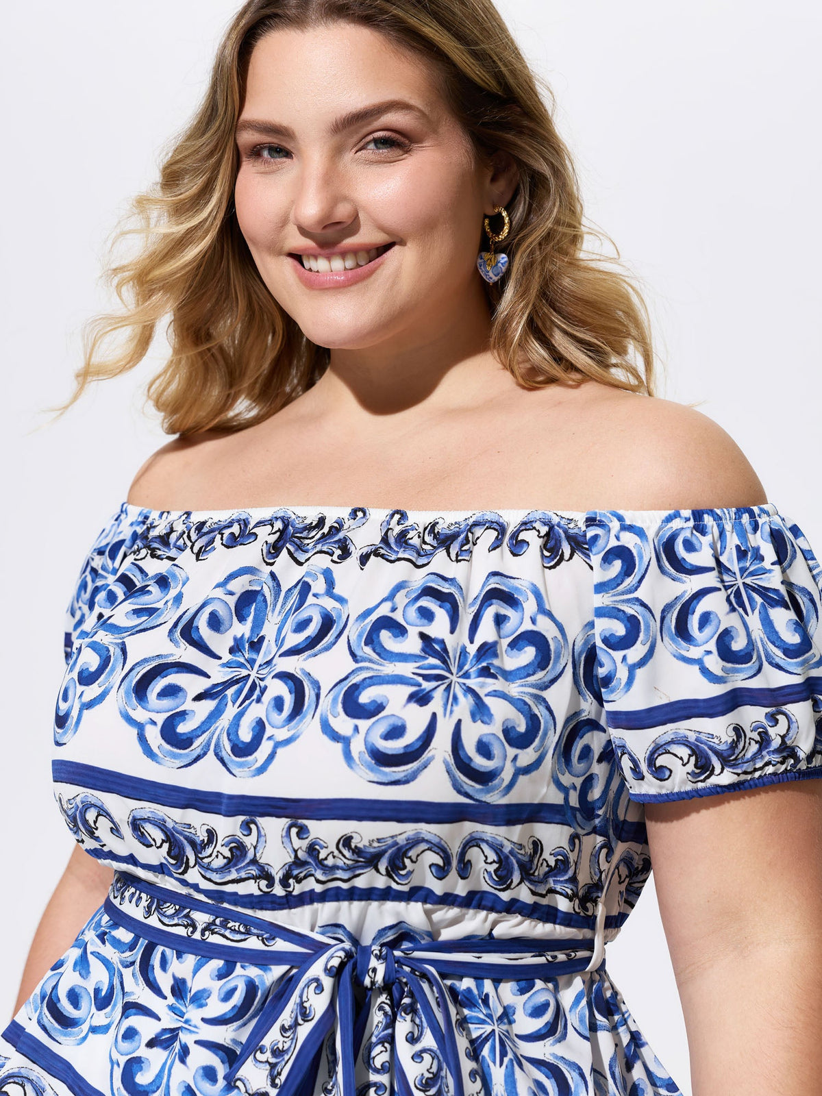 Majolica Print Stretchy Waist Belted Blouse