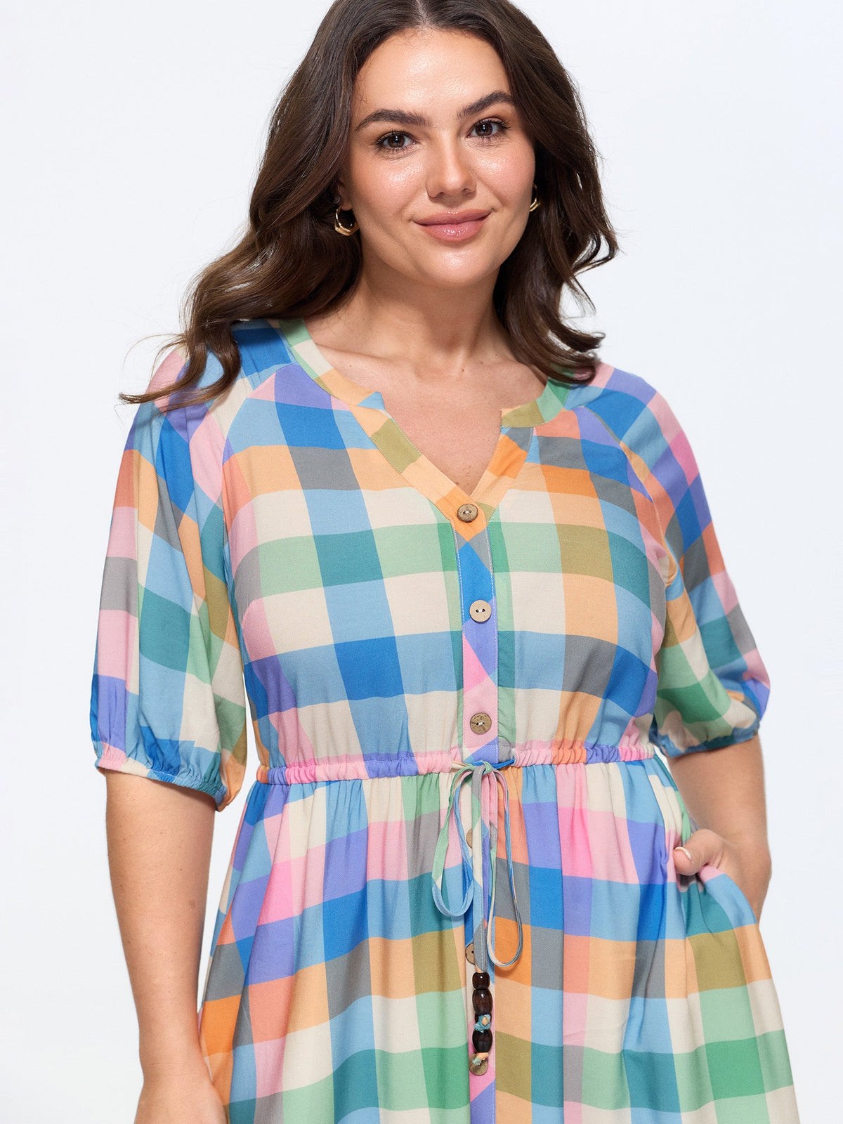Plaid Print Drawstring Waist Midi Dress