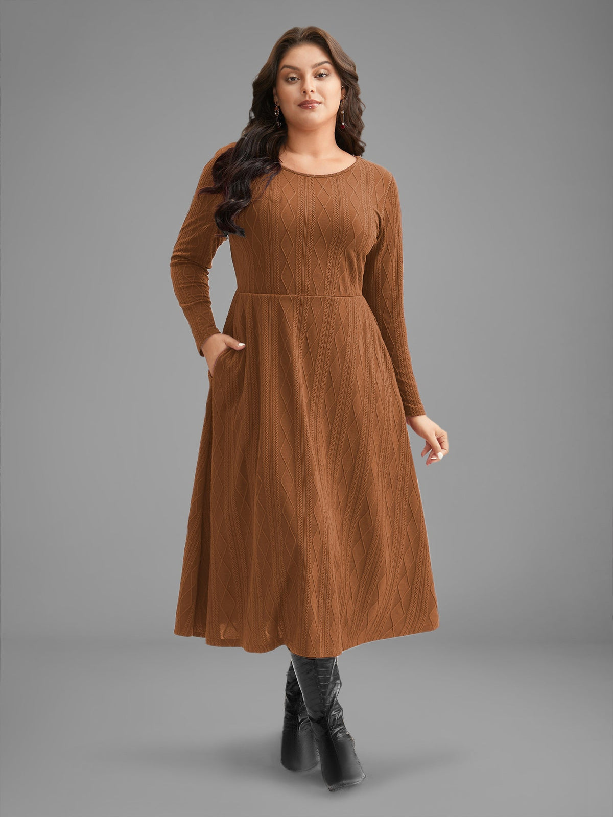 Textured Knit Fit-And-Flare Midi Dress
