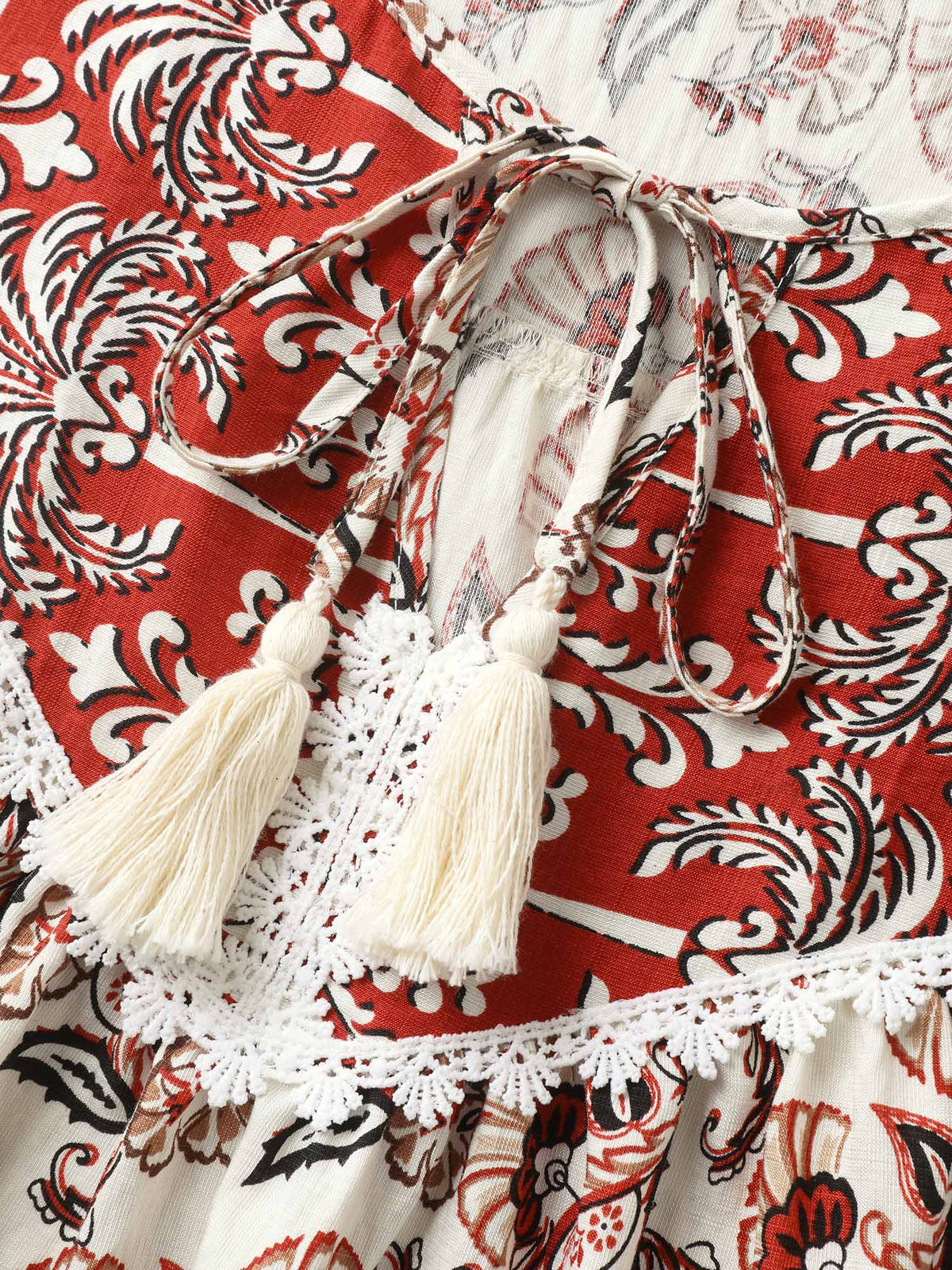 Boho Floral Print Neck Tassels Blouse