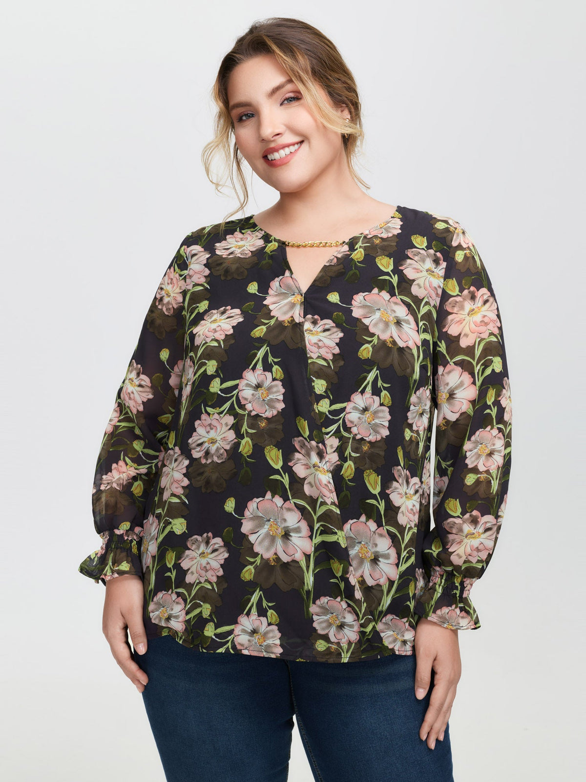 Sheer Floral Ruffled Cuff Metal Detail Blouse