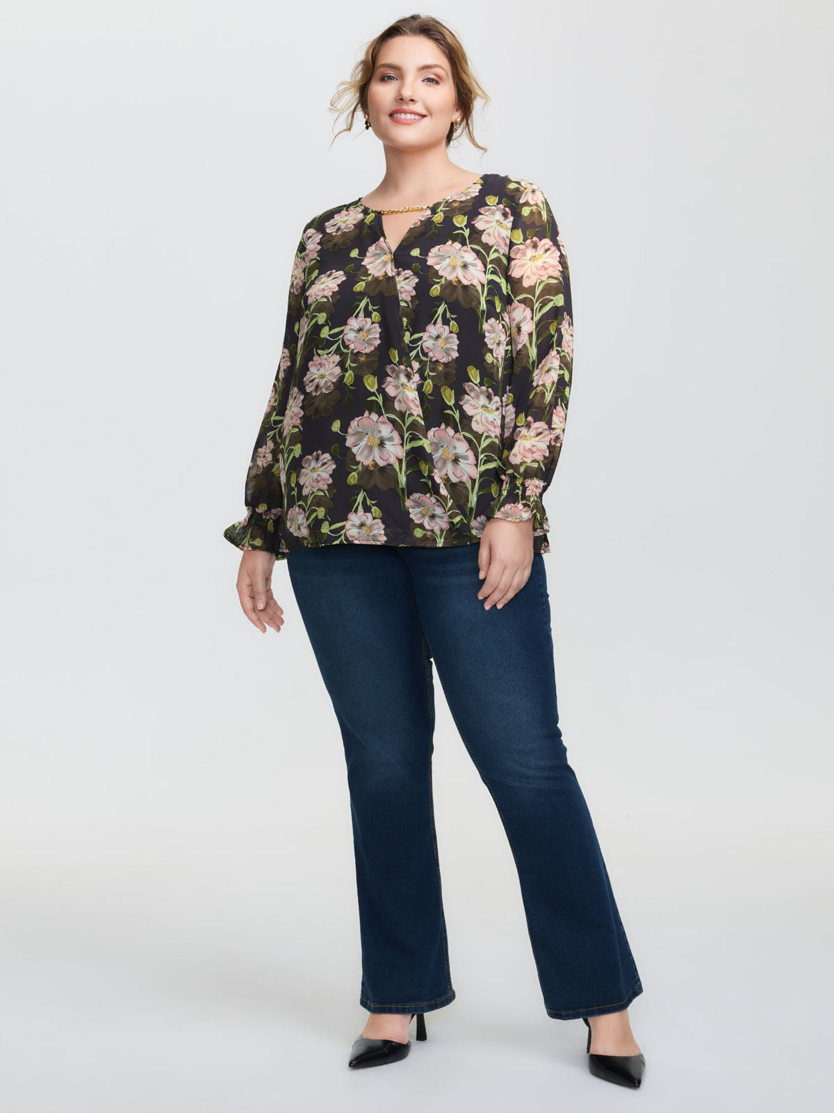 Sheer Floral Ruffled Cuff Metal Detail Blouse