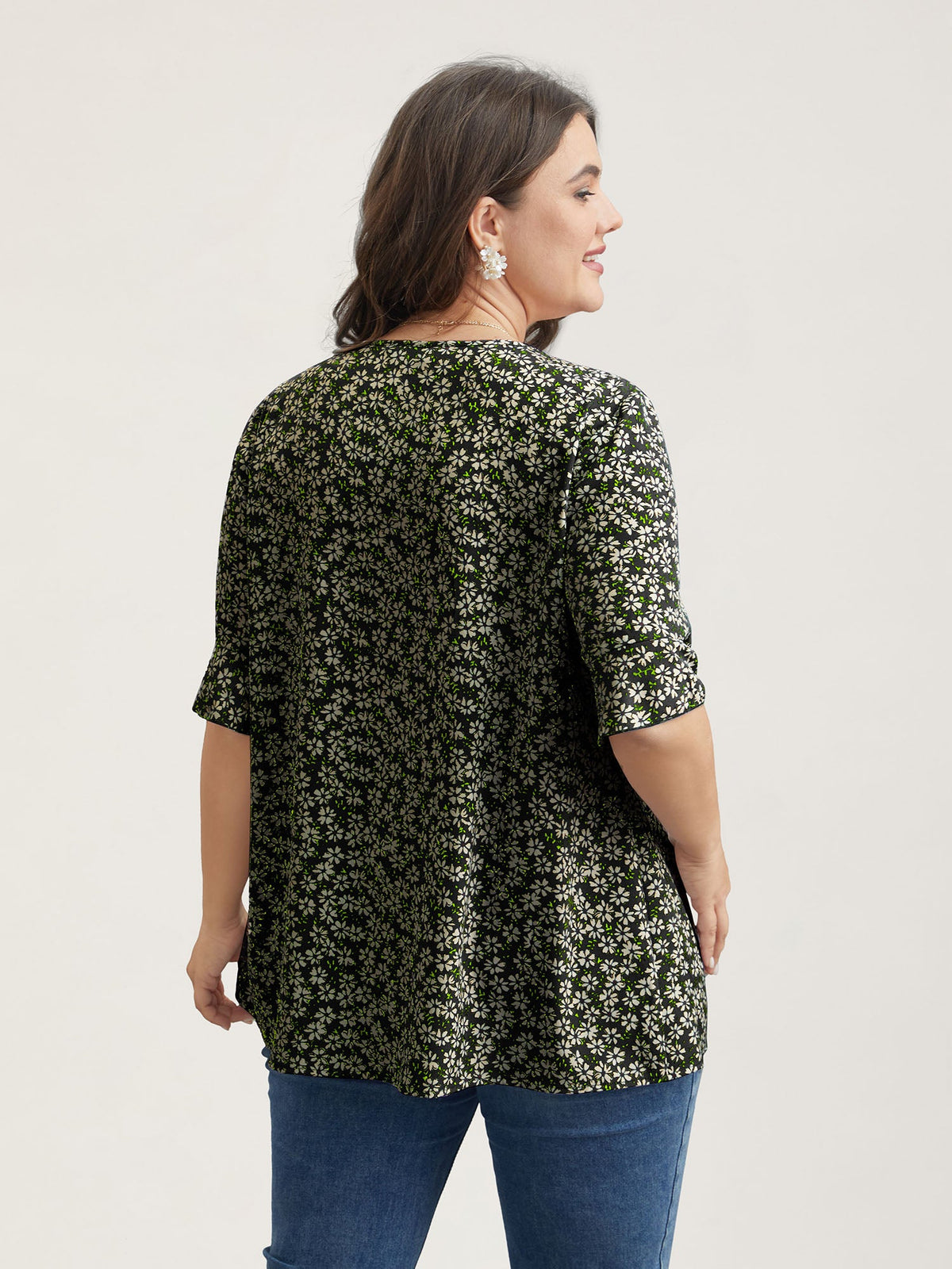 Ditsy Floral Pleated Flared Sleeve Blouse