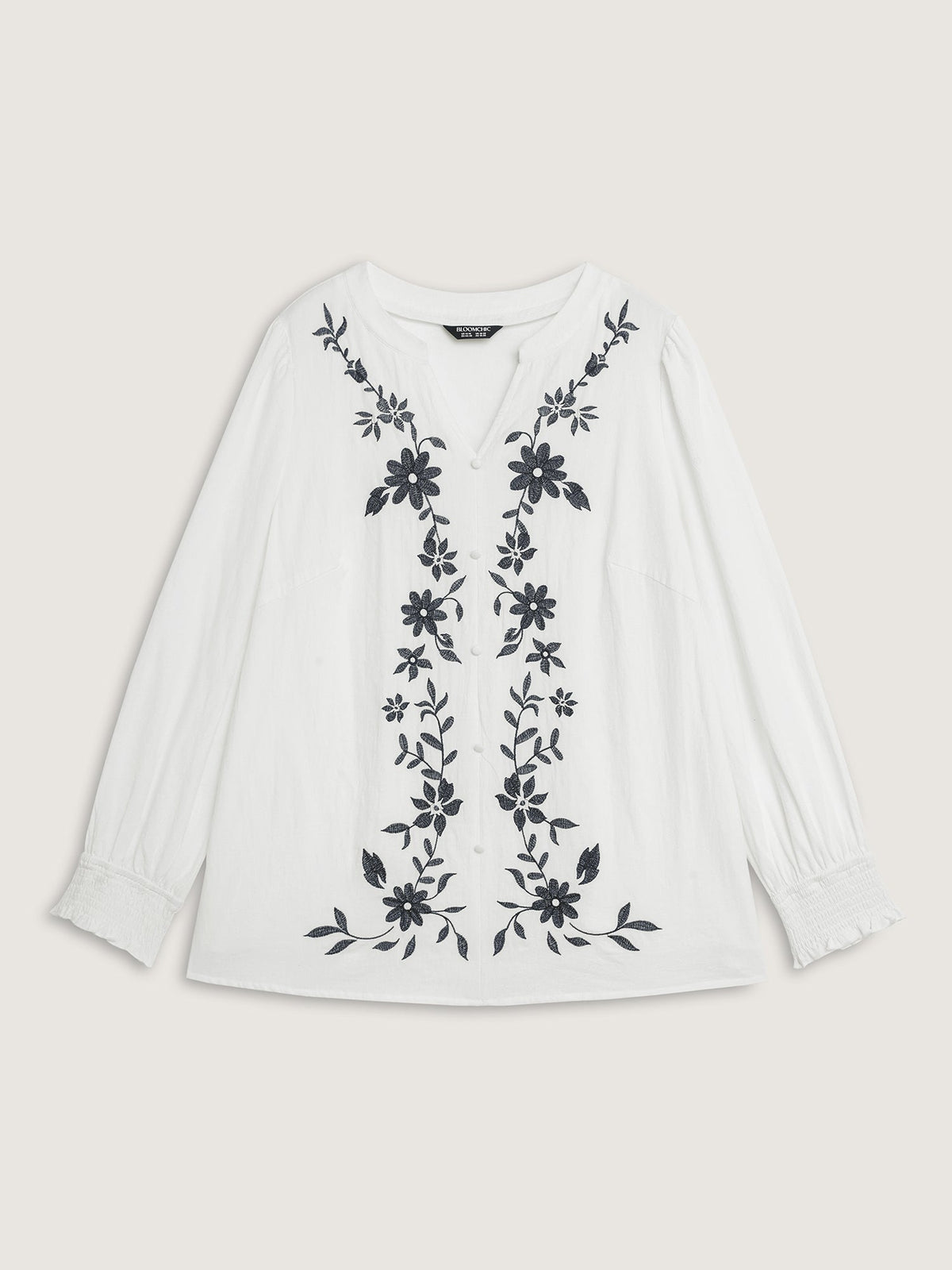 Cotton Floral Embroidery Shirred Blouse