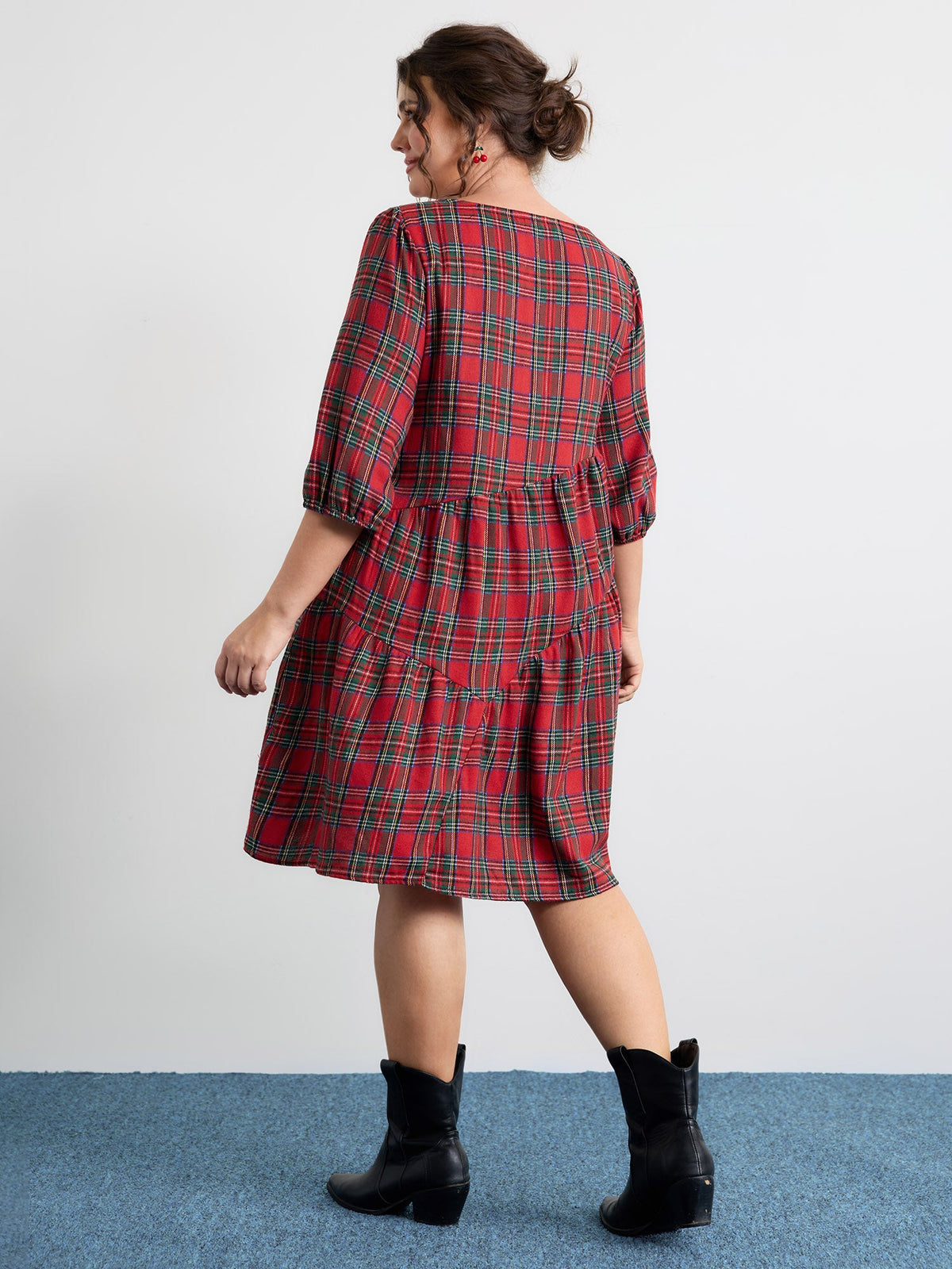 Festive Plaid Wavy Trim Mini Dress