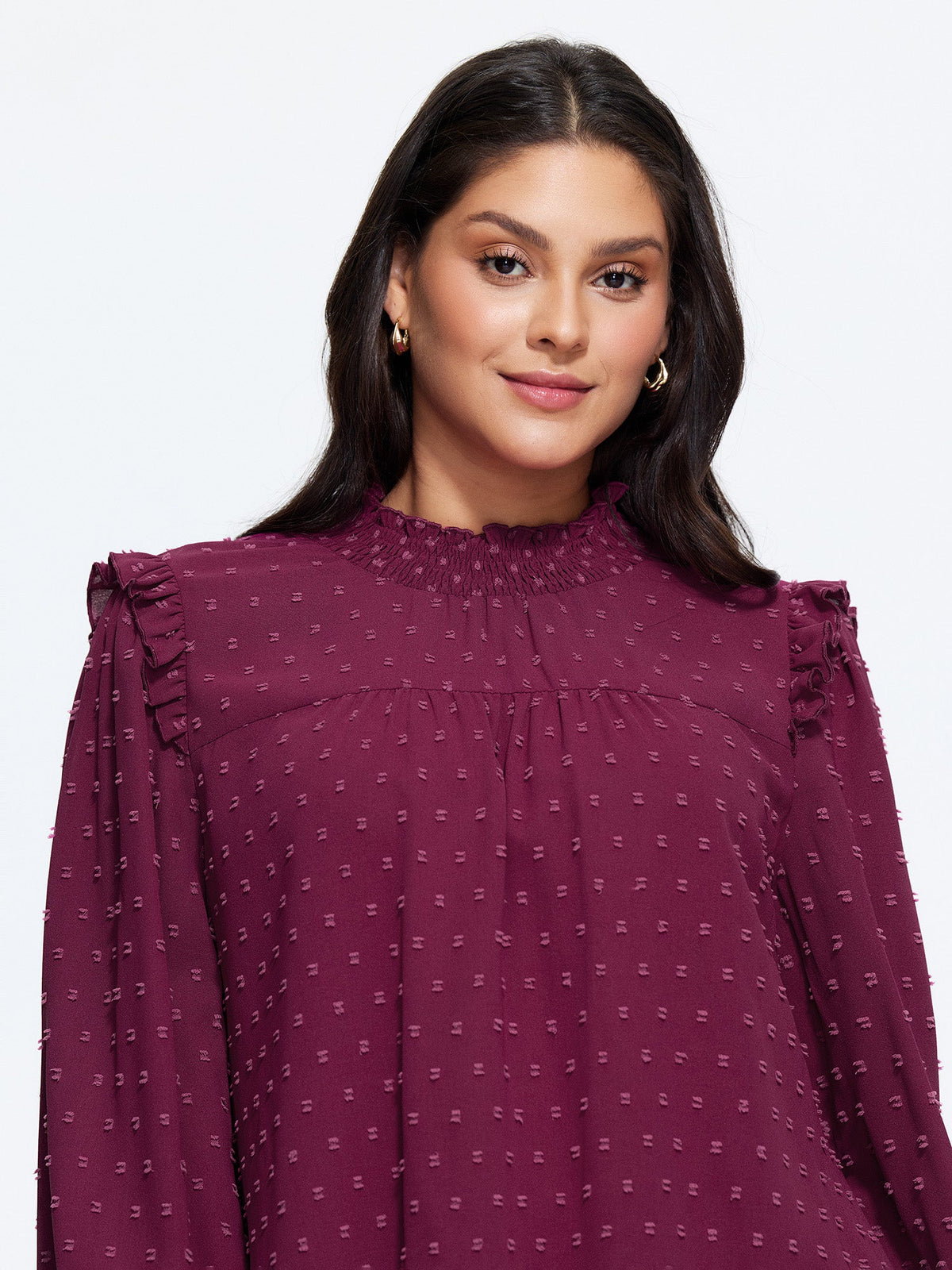 Textured Ruffle Shirred Mock Neck Blouse