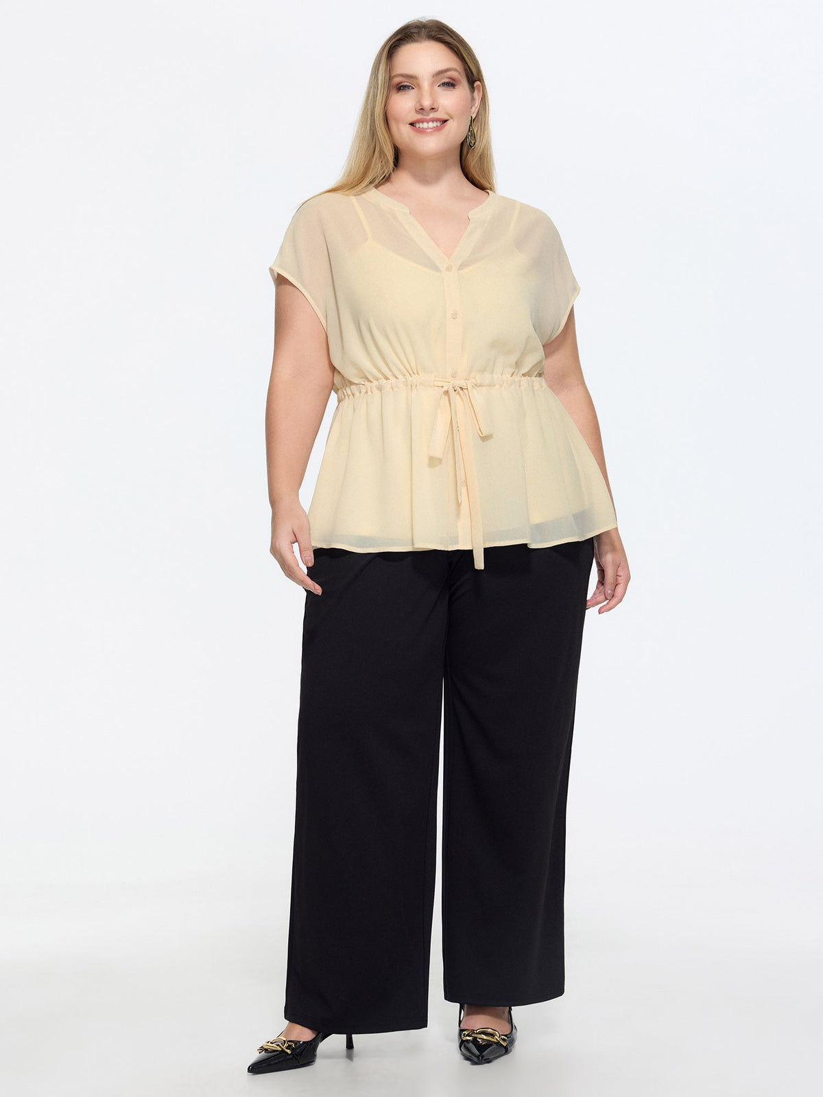 Sheer Drawstring Waist Notched Collar Blouse