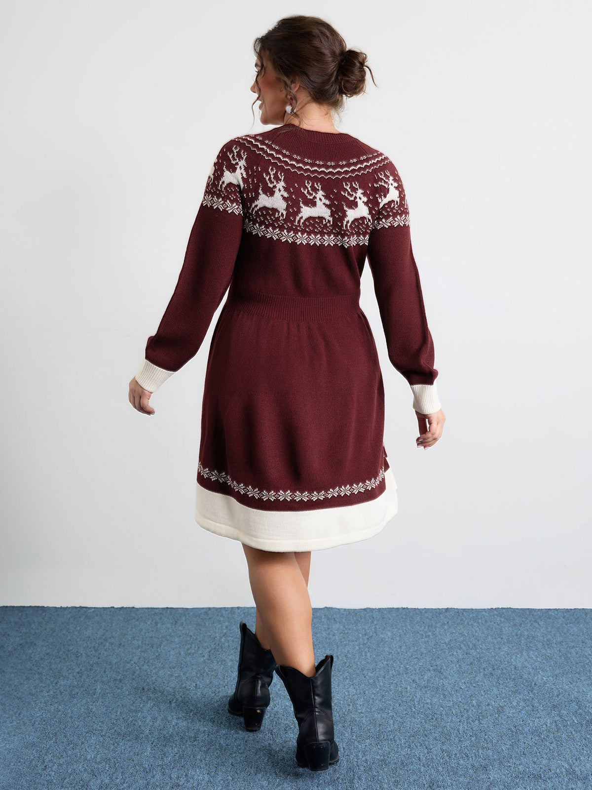 Reindeer Print Cinched-Waist Sweater Mini Dress