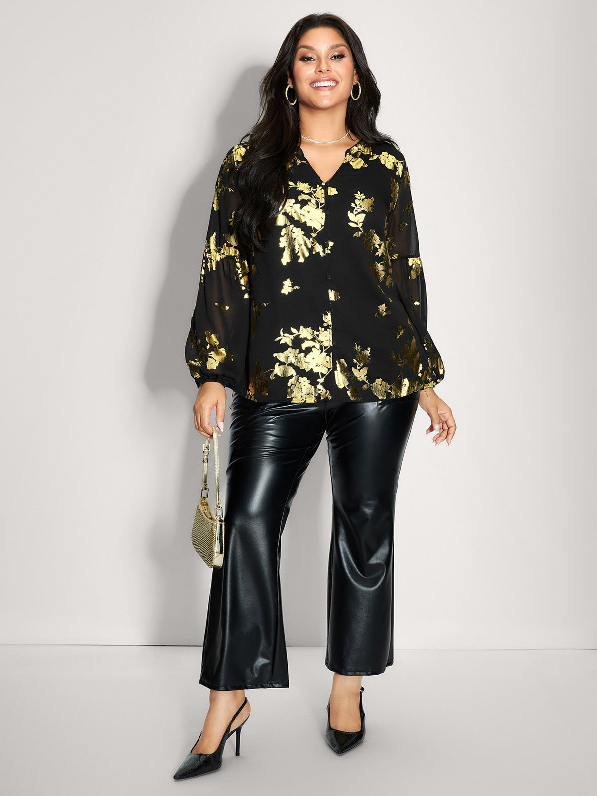 Floral Gold Stamp Sheer Button-Down Shirt