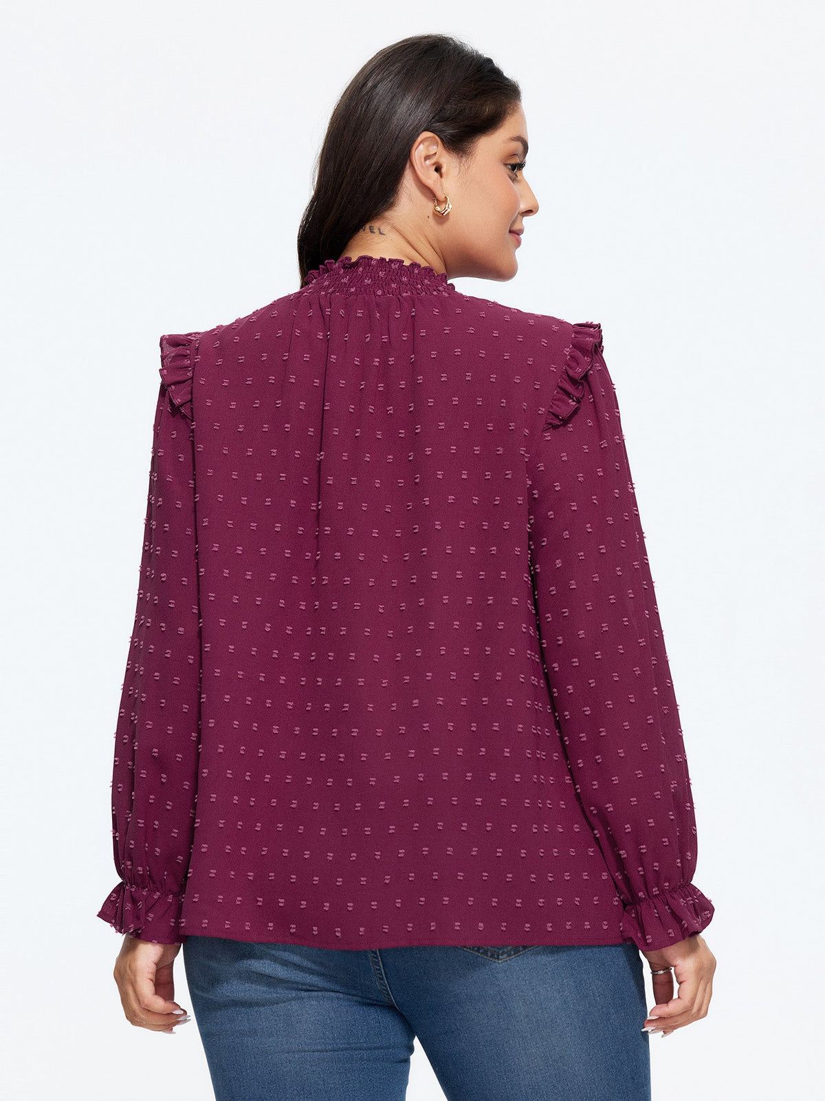 Textured Ruffle Shirred Mock Neck Blouse