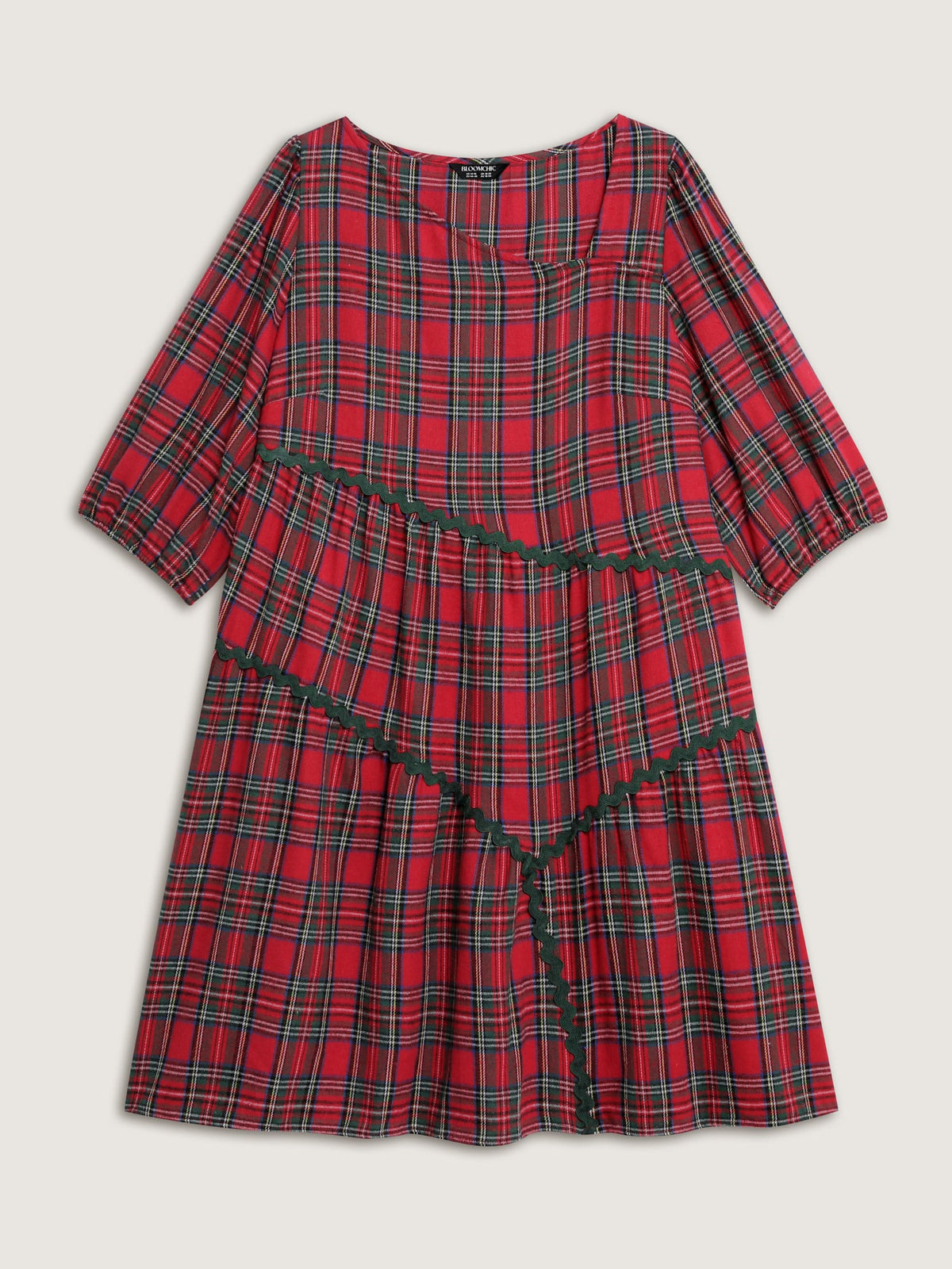Festive Plaid Wavy Trim Mini Dress