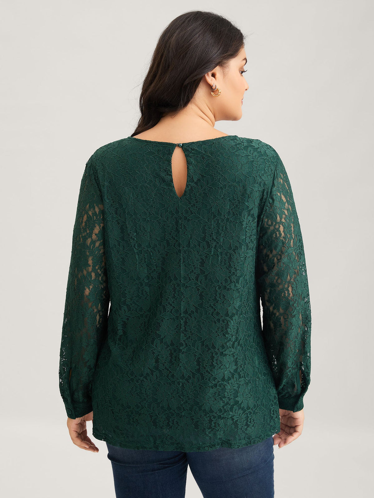 Solid Crochet Lace Mesh Crew Neck Blouse