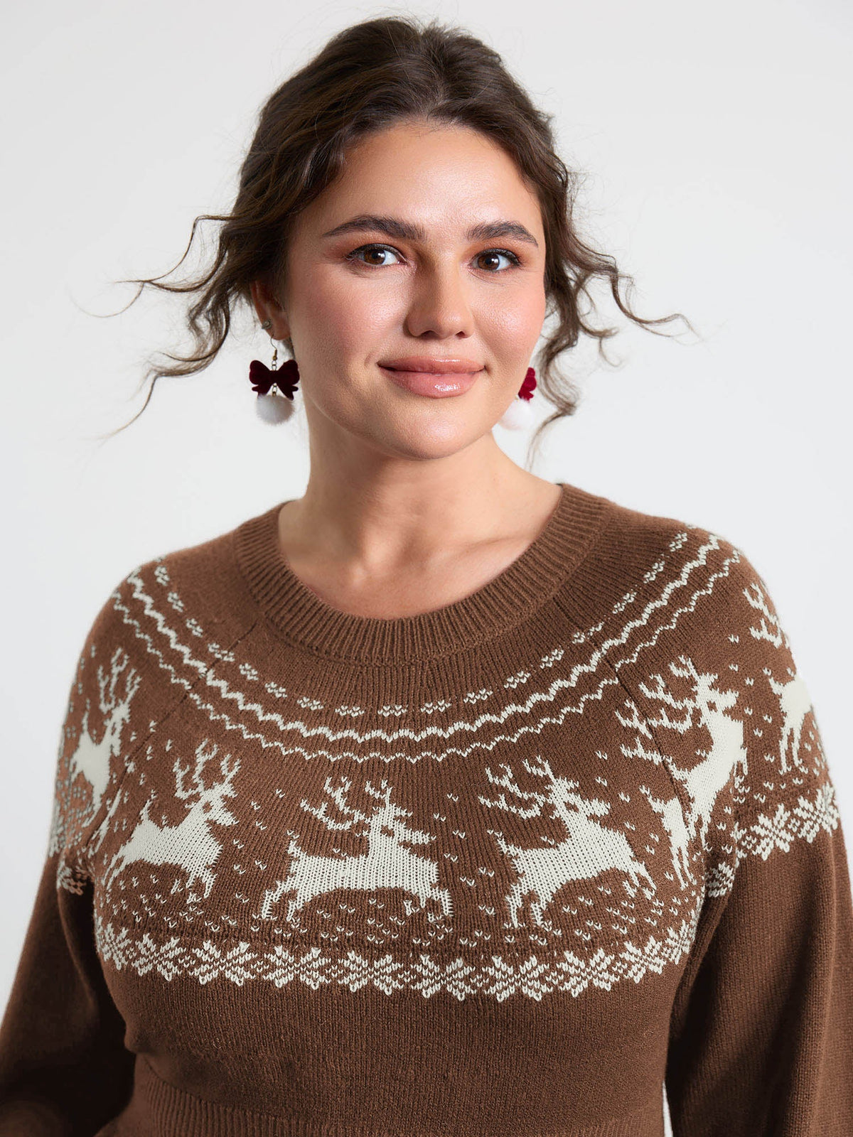 Reindeer Print Cinched-Waist Sweater Mini Dress