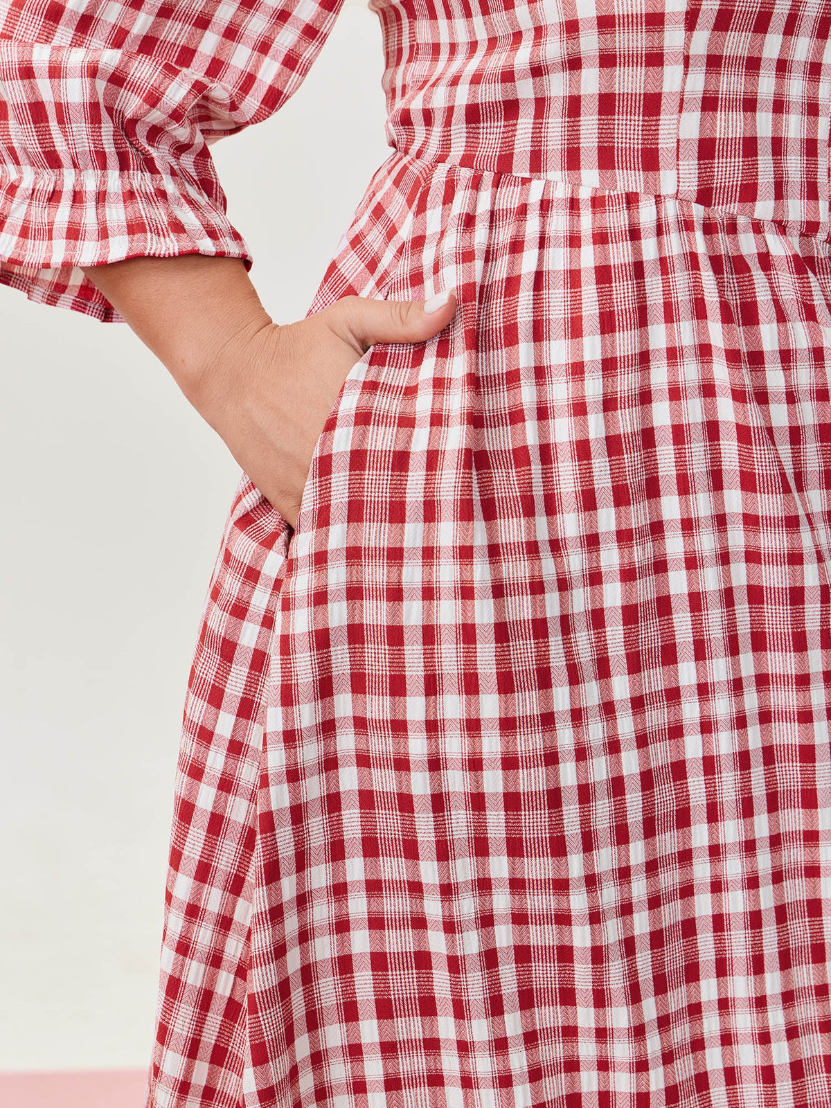 Checkered Print Pockets Button Maxi Dress