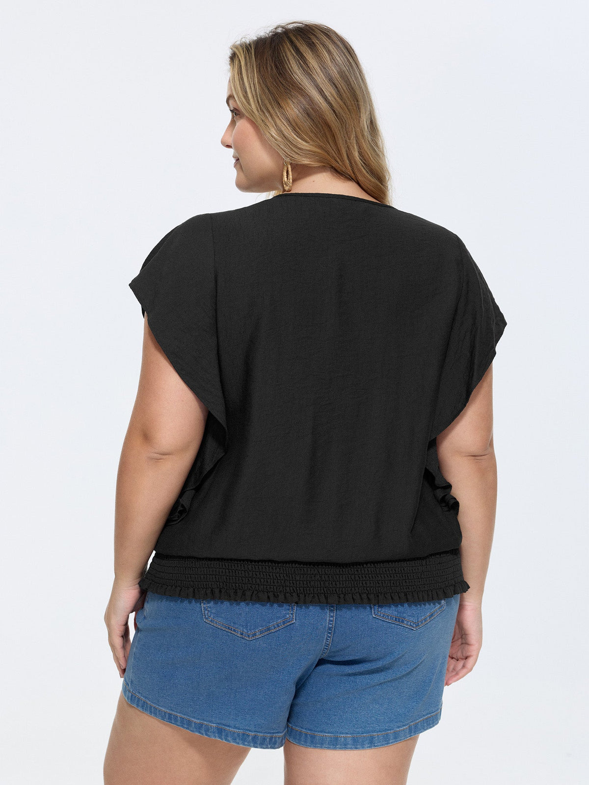 Flared Sleeve Shirred Hem Plain Blouse