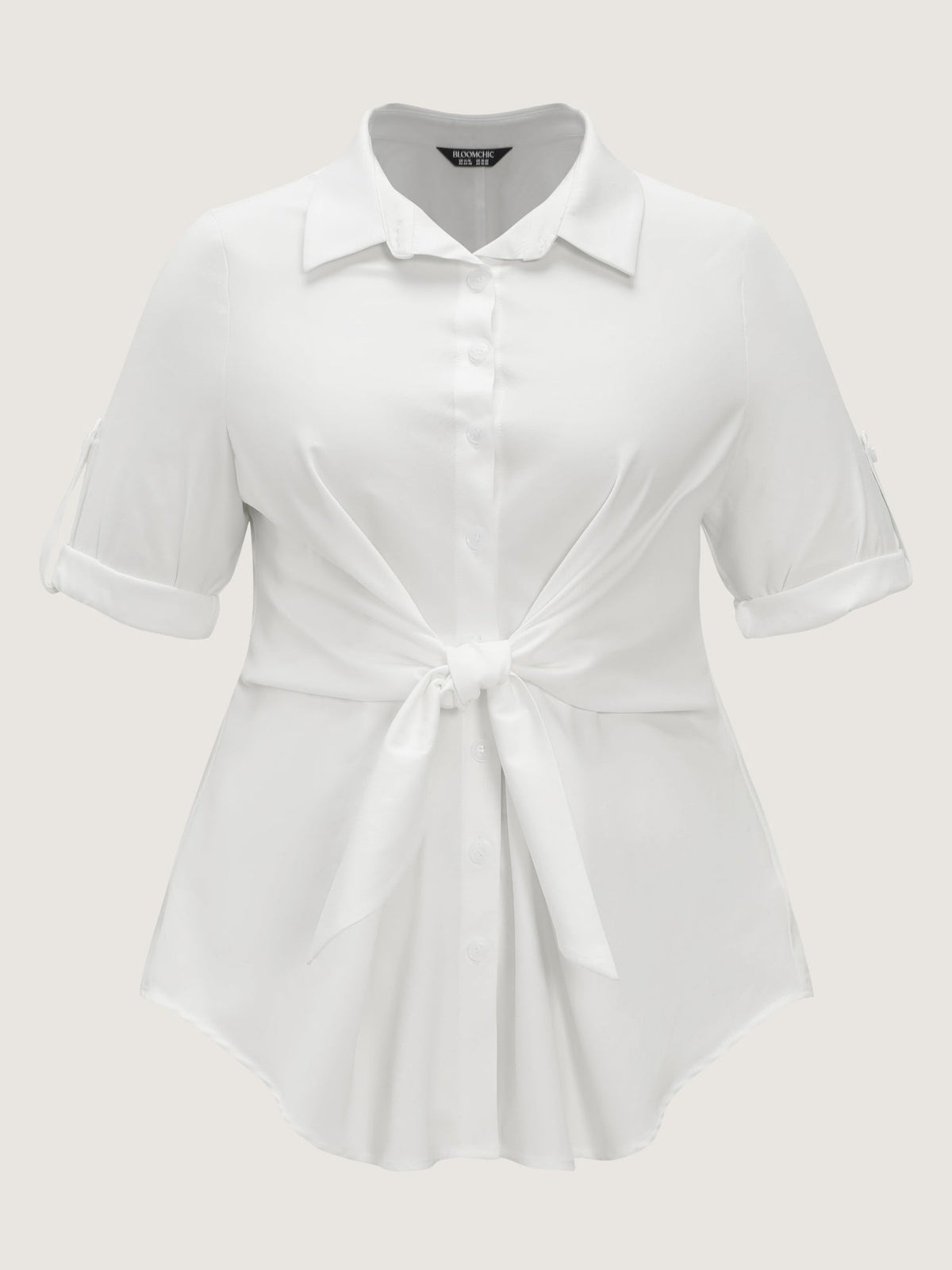 Solid Lapel Collar Knotted Front Waist Shirt