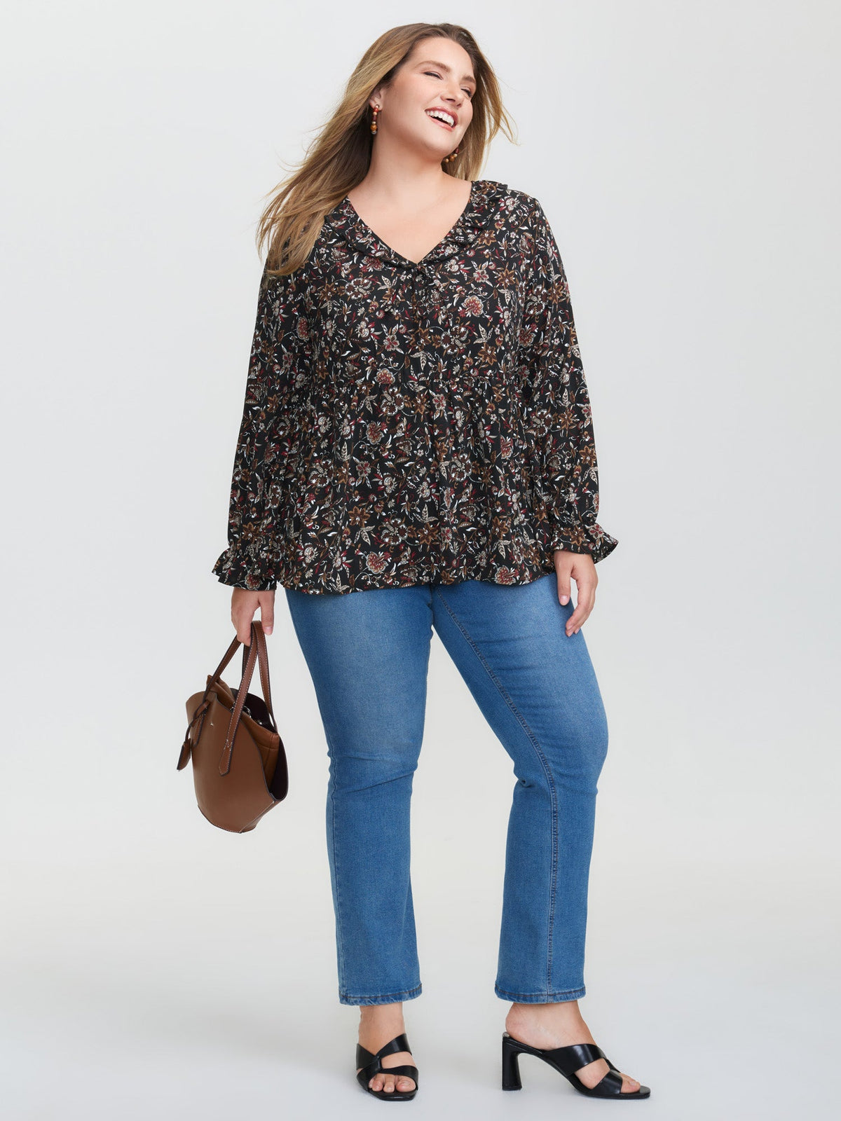 Floral Print Ruffled Neck Blouse