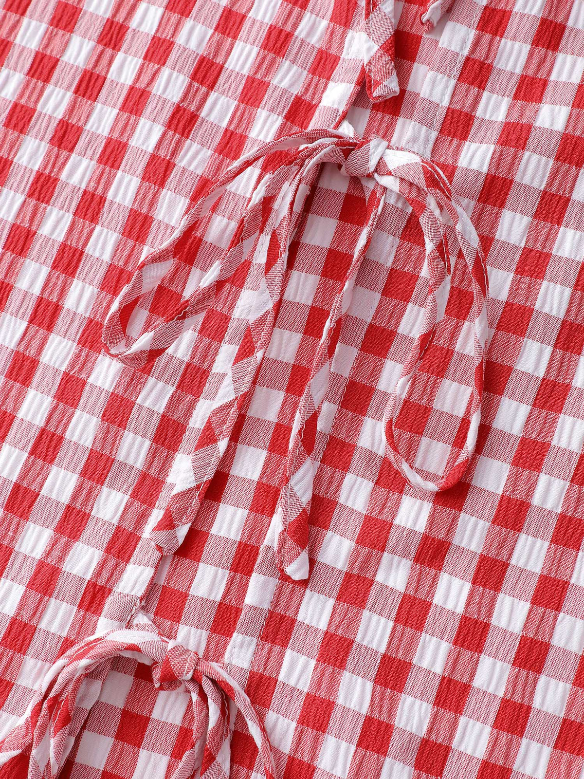 Gingham Embroidered Bow Tie Open-Front Shirt