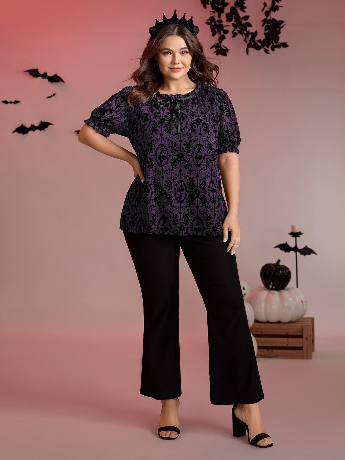 Flocked Texture Shirred Contrast Blouse