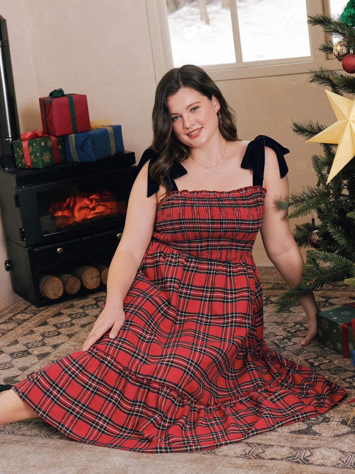 Plaid Tie Shoulder Shirred Tiered Midi Dress
