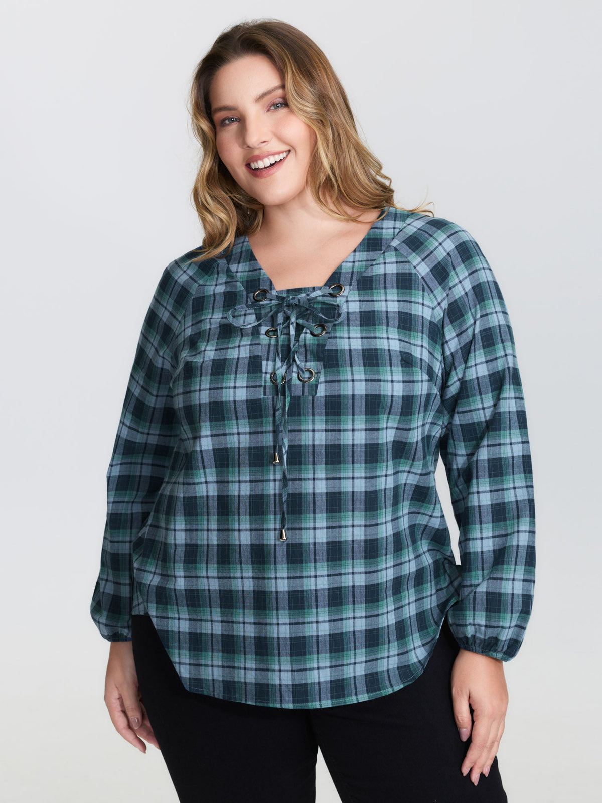 Plaid 2-in-1 Neck Tie Blouse