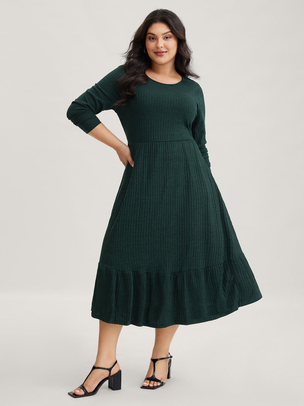 Solid Pocket Rib Knit Ruffle Hem Dress Without Belt