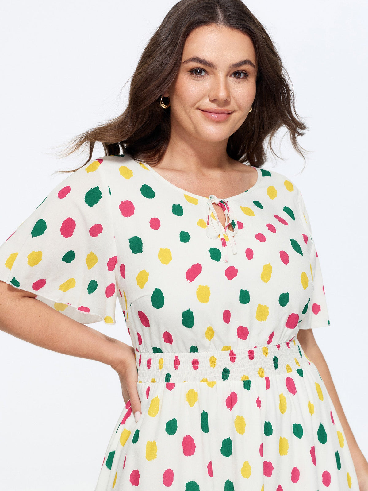 Supersoft Colorful Polka Dots Shirred Waist Midi Dress