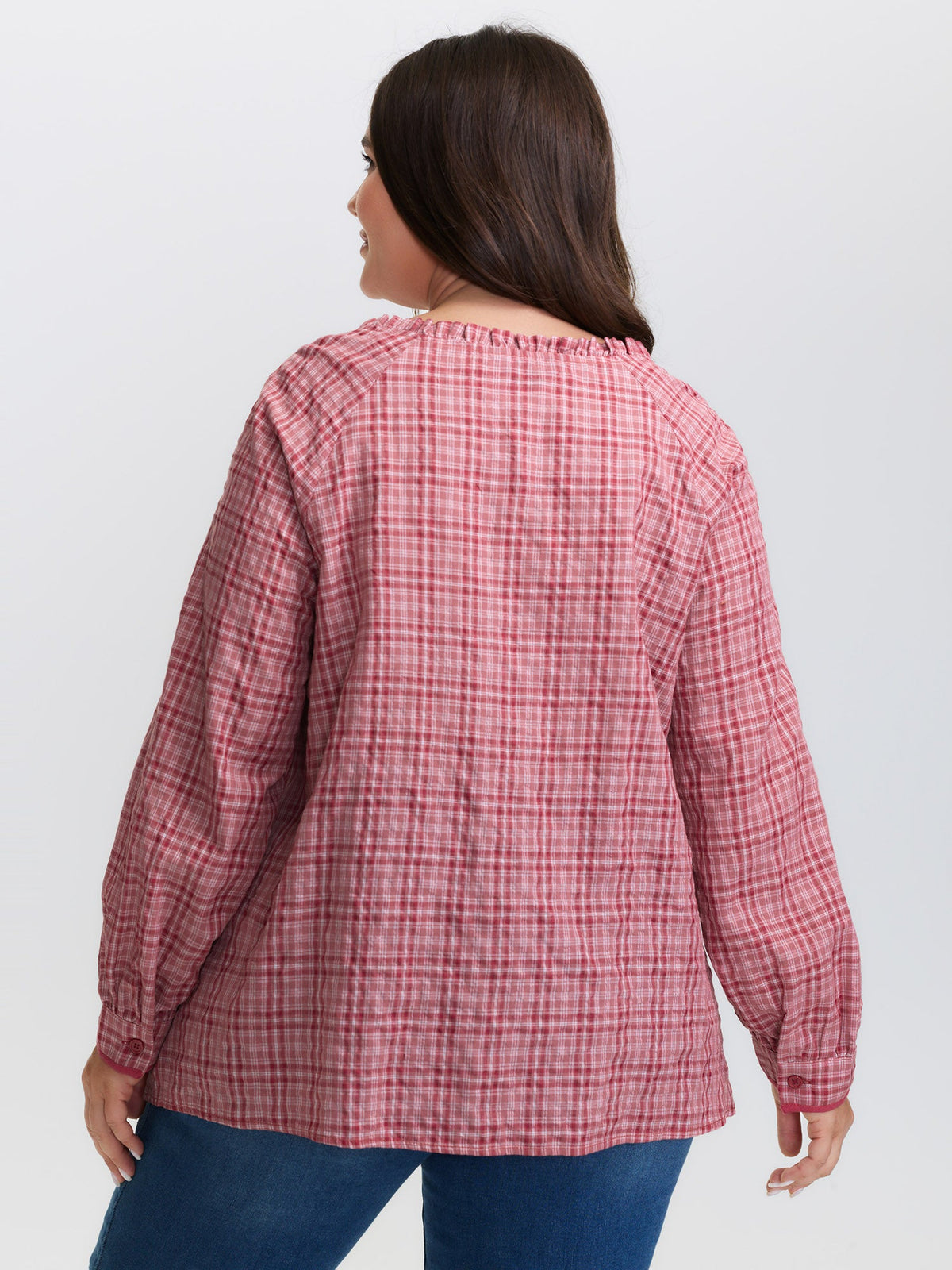 Gingham Print Ruffled Neck-Tie Blouse