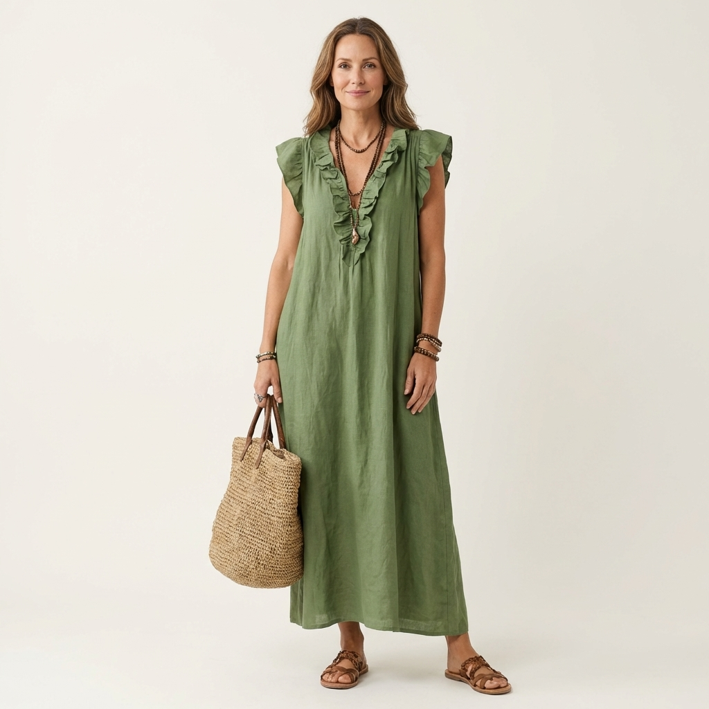 Amina Ruffle V-Neck Linen Maxi Dress