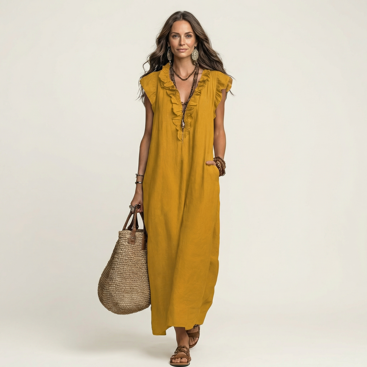 Amina Ruffle V-Neck Linen Maxi Dress